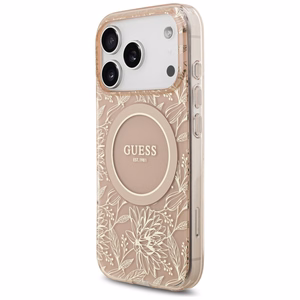 Guess IML Flowers Electro Pearl Strap MagSafe -kuori iPhone 17 Pro - pinkki