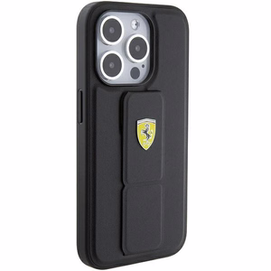 Ferrari Grip Stand Metal Logo Suojakuori iPhone 15 Pro Maxille - musta