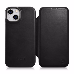 iCarer CE Öljyvaha Premium Nahka Folio Case Nahkakotelo iPhone 14 Plus Magneettinen Flip MagSafe Musta (AKI14220707-BK)
