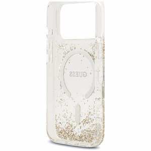 Guess Resin Bottom Glitter MagSafe suojakuori malleille iPhone 18 Pro / 17 Pro, kultainen
