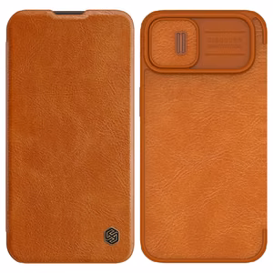 Nillkin Qin Nahka Pro Case iPhone 14 Plus kamera kansi Holster kansi Flip Case ruskea