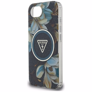 GUESS IML Metal Glitter Flowers Triangle MagSafe Alkuperäinen Suojakuori iPhone 17e/16e:lle - Musta