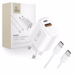 Tech-Protect NCA20 PD 20W QC3.0 USB-A / USB-C Seinälaturi + USB-C / USB-C Kaapeli 100cm - Valkoinen