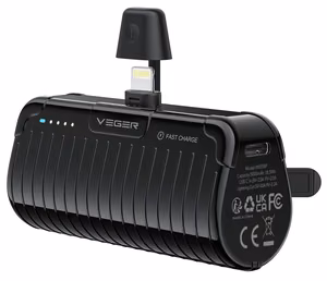 Ulkoinen akku Veger PlugOn (W0558P) PD QC3.0 2,4A 20W 5000 mAh sisäänrakennetulla Lightning-liittimellä musta
