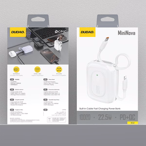 Dudao K32 22.5W 10000mAh Varavirtalähde Sisäänrakennetulla USB-C / Lightning Kaapelilla - Valkoinen