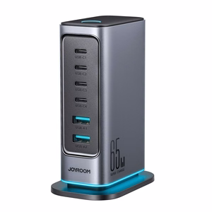 Joyroom JR-TCM02 GaN 65W laturi lataustukiasema 4xUSB-C 2xUSB-A UK-pistoke - harmaa