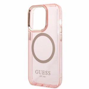 Guess GUHMP14LHTCMP iPhone 14 Pro 6.1 vaaleanpunainen/vaaleanpunainen kova suojakuori Gold Outline läpinäkyvä MagSafe