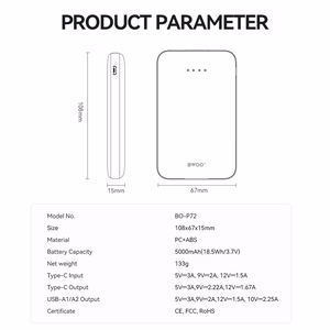 BWOO varavirtalähde P72 QC 22,5W PD 20W 5000 mAh 2x USB-A 1x USB-C musta
