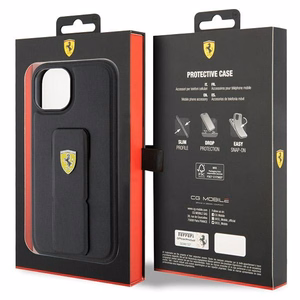 Ferrari Grip Stand Metal Logo Suojakuori iPhone 15:lle - musta