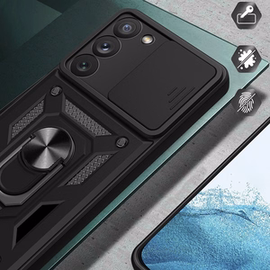 Hybrid Armor Camshield Suojakuori Samsung Galaxy S23+:lle panssaroitu kuori kamerasuojalla punainen