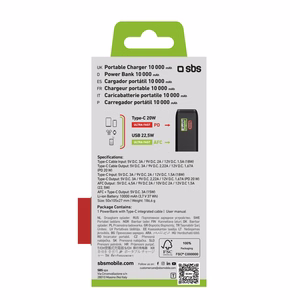 Powerbank SBS 10000 mAh 20W sisäänrakennetulla USB-C-kaapelilla ja digitaalisella näytöllä - musta