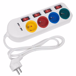 Maclean MCE229 W – jatkojohto pistorasioilla, 4 pistorasiaa + 2×USB, erilliset kytkimet, 250 V AC/10 A, 2,1 A 5 V, 1,5 m, valkoinen