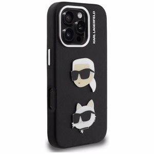 Karl Lagerfeld FW Grained Karl & Choupette Heads Pins Suojakuori iPhone 16 Pro - musta