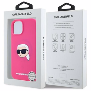 Karl Lagerfeld Suojakuori iPhone 15:lle yhteensopiva MagSafen kanssa KLHMP15SSKHPPLF (SIL KL Head Print) fuksia