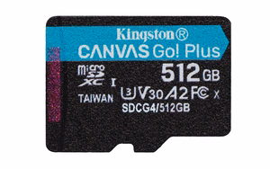 Kingston memory card 512GB microSDXC Canvas Go Plus Gen4 200MB/s A2 U3 V30 + adapter