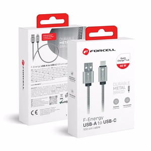Kaapeli USB A - USB C Forcell F-Energy QC3.0 66W Metal 1 m C234 hopeinen