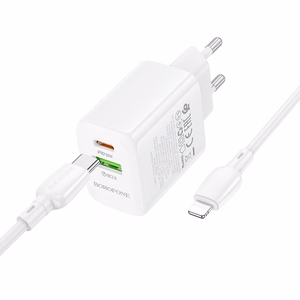 Borofone Wall charger BN29 Fuente - USB + Type C - QC 3.0 PD 30W with Type C to Lightning cable white