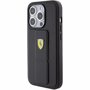 Ferrari Grip Stand Metal Logo Suojakuori iPhone 15 Prolle - musta