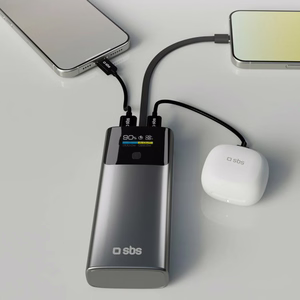 SBS 10000mAh PD 20W Powerbank LCD-näytöllä ja sisäänrakennetulla USB-C-kaapelilla - harmaa