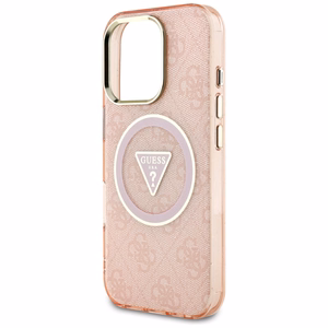 Guess IML Metal Glitter 4G Circle Triangle MagSafe Suojakuori iPhone 16 Pro:lle - Vaaleanpunainen