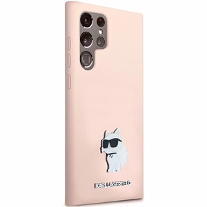 Karl Lagerfeld Silikoninen Choupette Metal Pin Suojakuori Samsung Galaxy S23 Ultralle - vaaleanpunainen