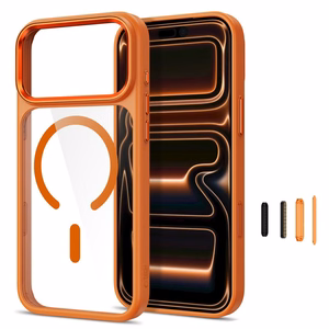 Tech-Protect Magmat MagSafe CC suojakuori mallille iPhone 17 Pro / 18 Pro – oranssi ja läpinäkyvä