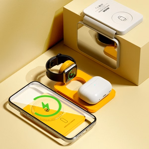 WEKOME WP-U172 foldable 3-in-1 wireless charging station with mirror for iPhone, Apple Watch and AirPods, MagSafe-compatible, 15 W, yellow