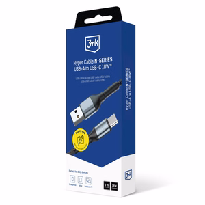 3mk Hyper Cable N-SERIES USB-A / USB-C 2m 9V/2A 18W - musta