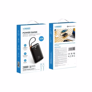 Veger K2 (W2068) 20000 mAh varavirtalähde 35W PD QC3.0 sisäänrakennetuilla USB-C- ja Lightning-kaapeleilla, musta
