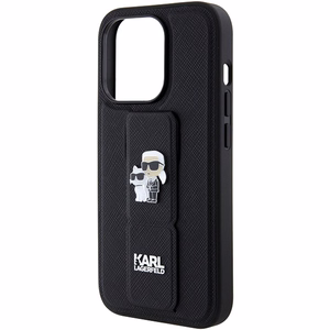 Karl Lagerfeld Gripstand Saffiano Karl&Choupette Pins Suojakuori iPhone 15 Pro Maxille - musta