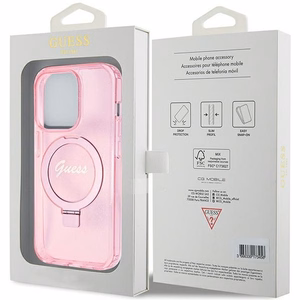 GUESS Suojakuori IPHONE 15 Prolle MagSafe-yhteensopiva GUHMP15LHRSGSP (Glitter Script Logo Ring stand) vaaleanpunainen