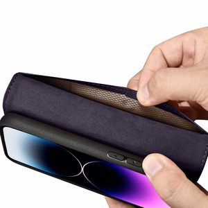 iCarer lompakko asia 2in1 kansi iPhone 14 Pro Anti-RFID nahka Flip Case tumman violetti (WMI14220726-DP)