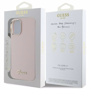 Guess Silikoninen Script Metal Logo & Frame suojakuori iPhone 16:lle - vaaleanpunainen