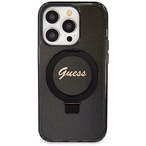 Guess Ring Stand Script Glitter MagSafe -suojakuori iPhone 14 Prolle - musta