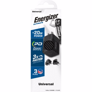 Energizer Ultimate A20MU GaN-matkalaturi EU-, UK- ja US-pistokkeilla, USB-C, 20 W PD, musta