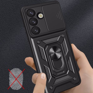 Hybrid Armor Camshield kameransuojauksella ja metallisormuksella Samsung Galaxy S25:lle - musta