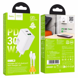 Charger Hoco N71 30W GaN USB-C/USB-A + USB-C to Lightning cable 1.0m white