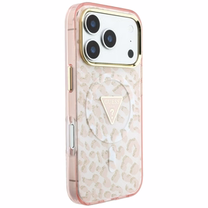 Guess IML Leopard Glitter Triangle Logo MagSafe suojakuori mallille iPhone 17 Pro Max / 18 Pro Max – väri: vaaleanpunainen