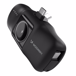 Wozinsky WF16-YCS 5000mAh 15W USB-C Mini Power Bank, jossa on sisäänrakennettu USB-C-kaapeli ja Apple Watch -laturi - musta