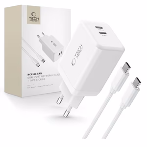 Tech-Protect NC45W-GAN 2-PORT PD45W Laturi + TYPE-C KAAPELI - valkoinen