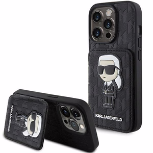 Karl Lagerfeld Saffiano Cardslots and Stand Monogram Ikonik Patch suojakuori iPhone 15 Pro:lle - musta