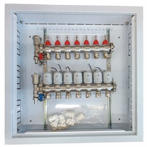 Lämmitysjakotukki 7 piiriä, termostaattimoottorit NC AC230V ja virtausmittarit