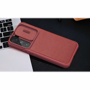 Nillkin Qin Nahka Pro Case Kotelo Samsung Galaxy S22+ (S22 Plus) Kamera Protector Holster Cover Flip Case Ruskea