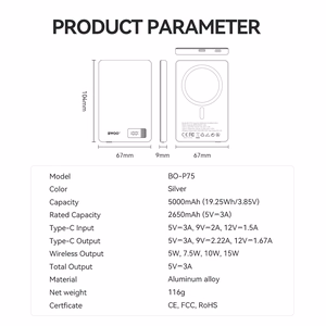 BWOO alumiini Magneettinen varavirtalähde P75 PD 20W 5000 mAh digitaalinäytöllä ja USB-C-portilla hopeinen