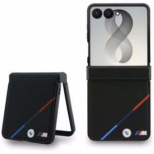Musta BMW M Leather Perforated Tricolor Stripe Metal Logos -suojakuori MagSafe-tuella Samsung Galaxy Z Flip8 -puhelimelle