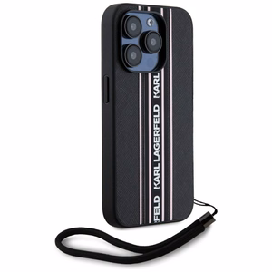 Karl Lagerfeld Saffiano Athleisure Stripes Cord Suojakuori iPhone 15 Pro:lle - vaaleanpunainen