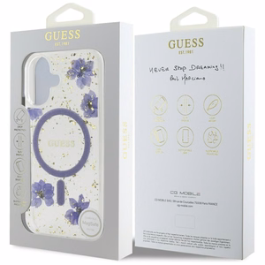 Guess Resin Flowers Glitter MagSafe Suojakuori iPhone 16:lle - Violetti