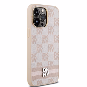 DKNY Nahkainen Checkered Mono Pattern & Printed Stripes Suojakuori iPhone 14 Pro Max:lle - vaaleanpunainen