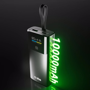 SBS 10000mAh PD 20W Powerbank LCD-näytöllä ja sisäänrakennetulla USB-C-kaapelilla - harmaa