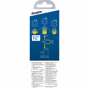 Energizer Ultimate A20MUC GaN-matkalaturi EU-, UK- ja US-pistokkeilla, USB-C, 20 W PD, USB-C-kaapelilla, musta